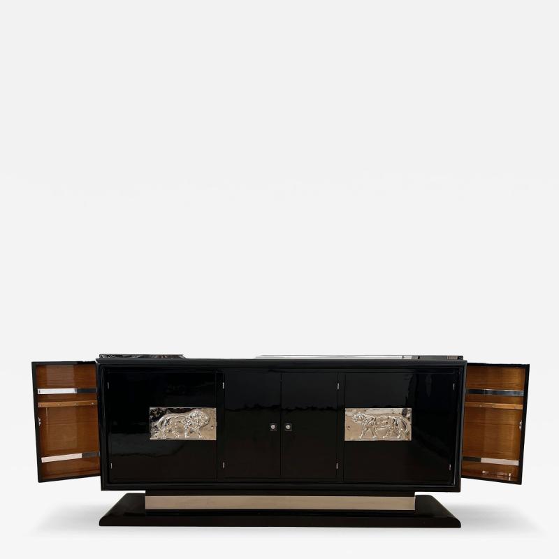 Art Deco Bar Sideboard Black Lacquer Chromed Lion Appliqu s France circa 1930