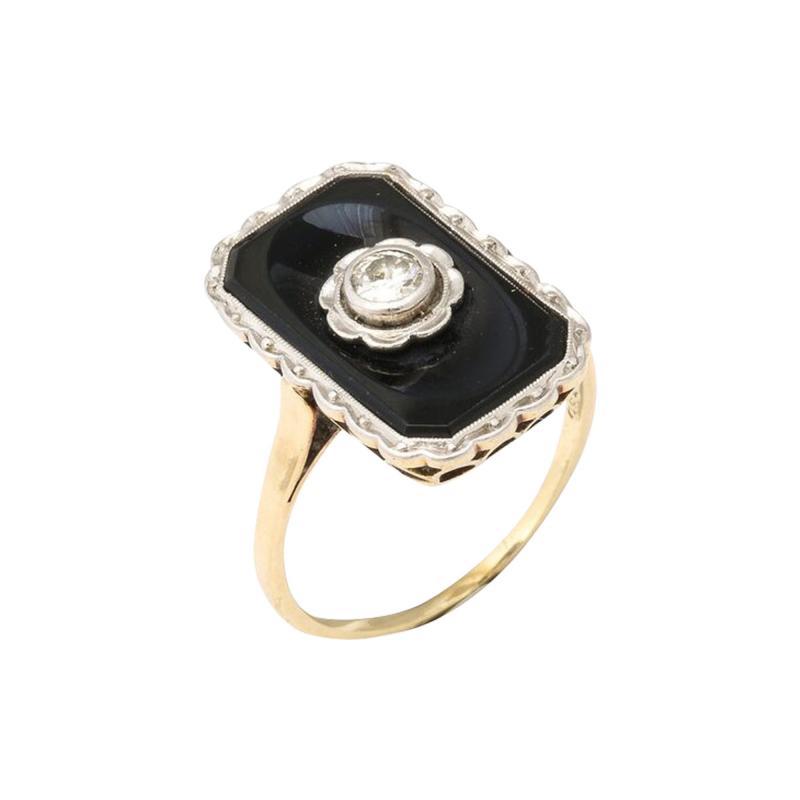 Art Deco Bi Color Gold Black Onyx and Diamond Ring