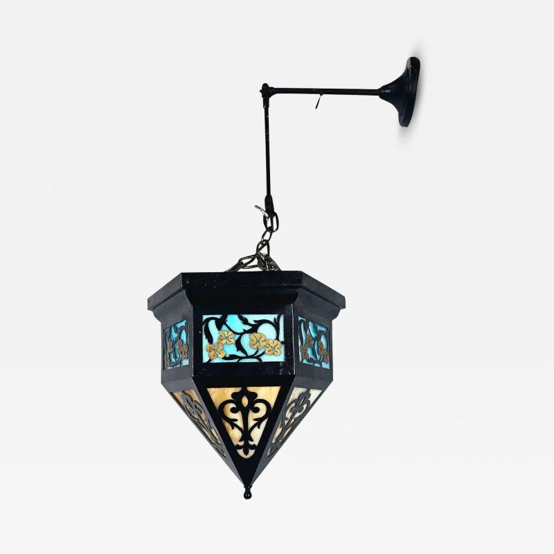 Art Deco Black Metal Multi Color Glass with Filigree Design Pendant or Lantern