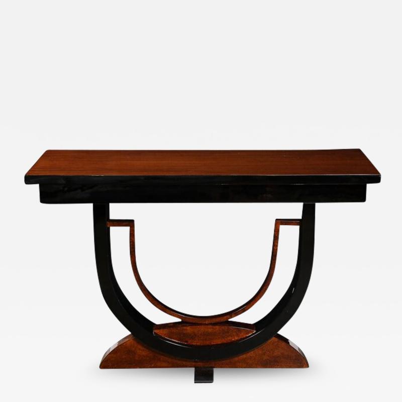 Art Deco Book Matched Burled Walnut Sculptural Black Lacquered Console Table