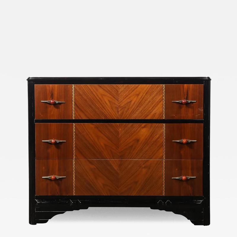 Art Deco Book Matched Walnut Black Lacquer Detailed Chest w Bakelite Pulls