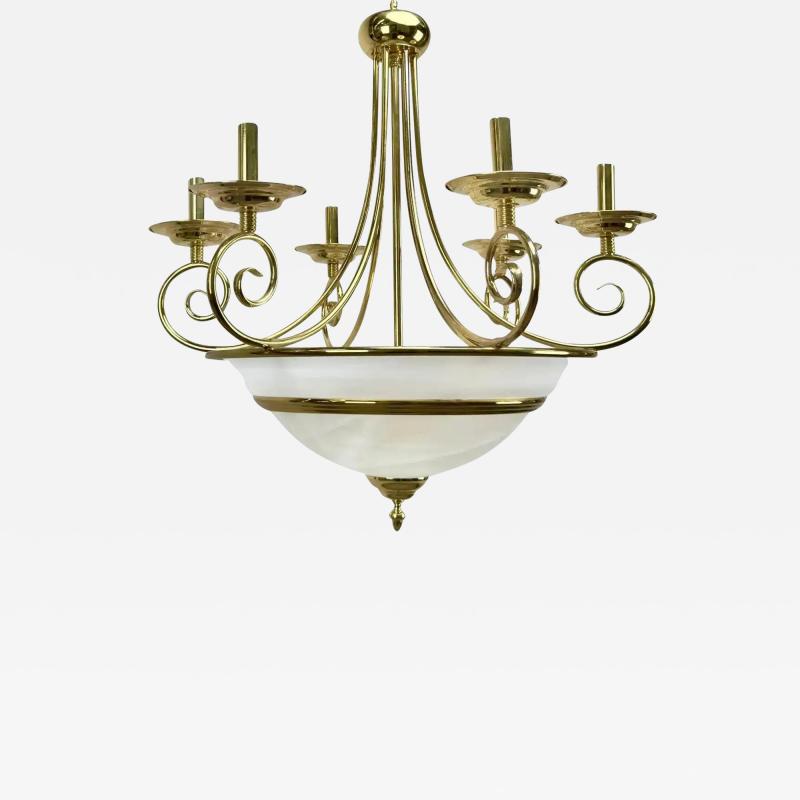 Art Deco Brass Chandelier with White Milk Frosted Glass Bottom Bowl 6 Arms