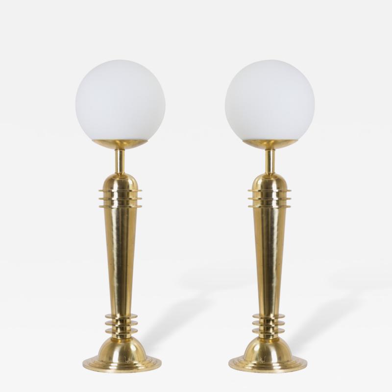 Art Deco Brass Lamps with Frosted Glass Globes A Pair