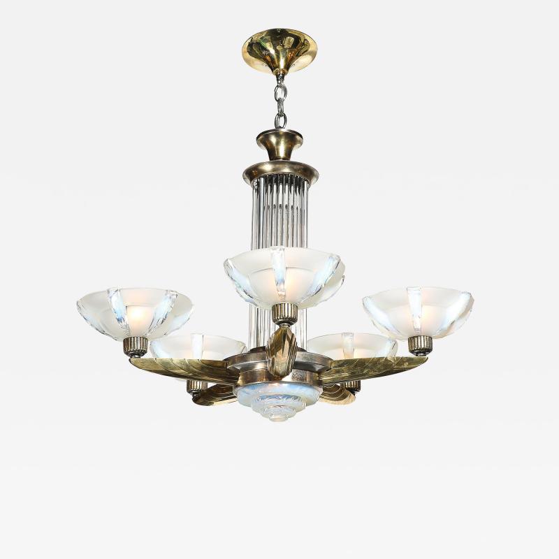 Art Deco Brass Petitot Chandelier w Glass Rods Opalescent Glass Shades