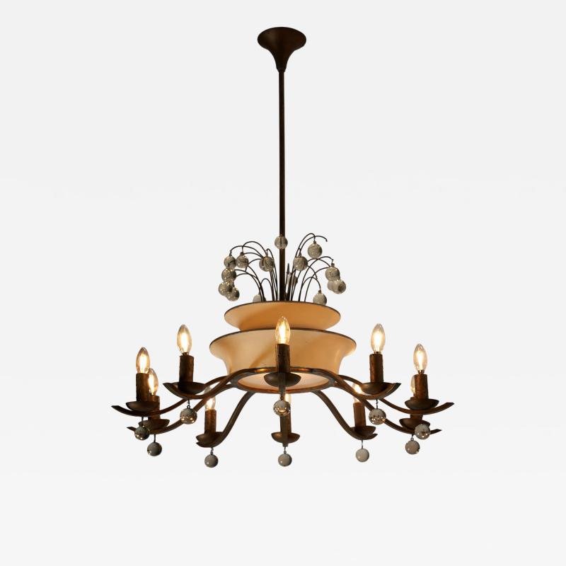 Art Deco Brass and Glass Ten Arm Chandelier with Glass Beads