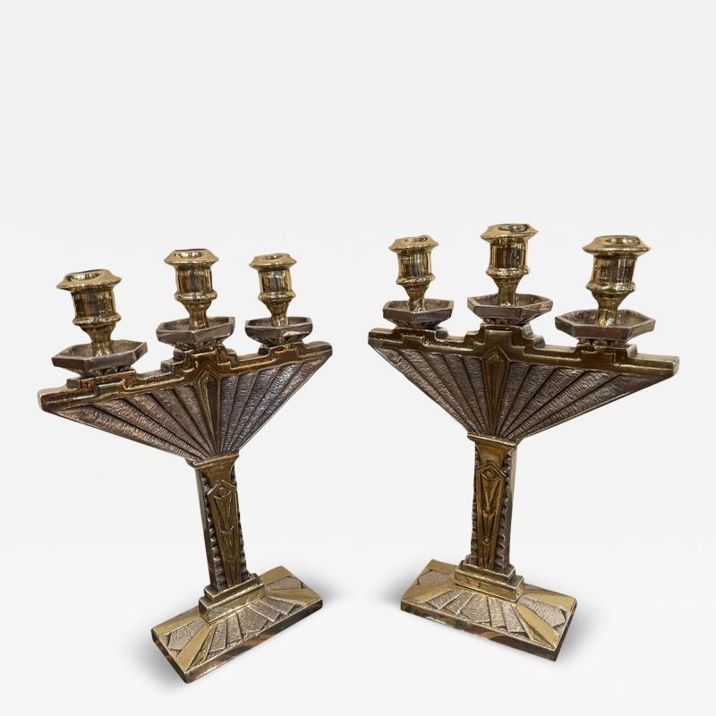 Art Deco Bronze Pair of Candlesticks Silver and Gold