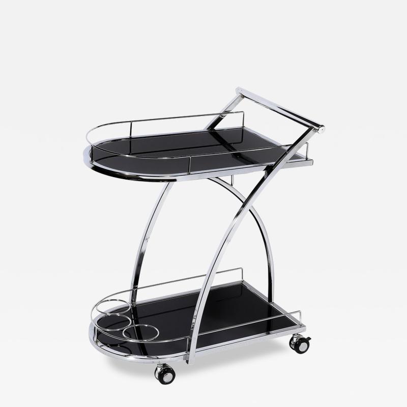 Art Deco Bullet Form Two Tier Rolling Bar Serving Cart in Vitrolite Chrome