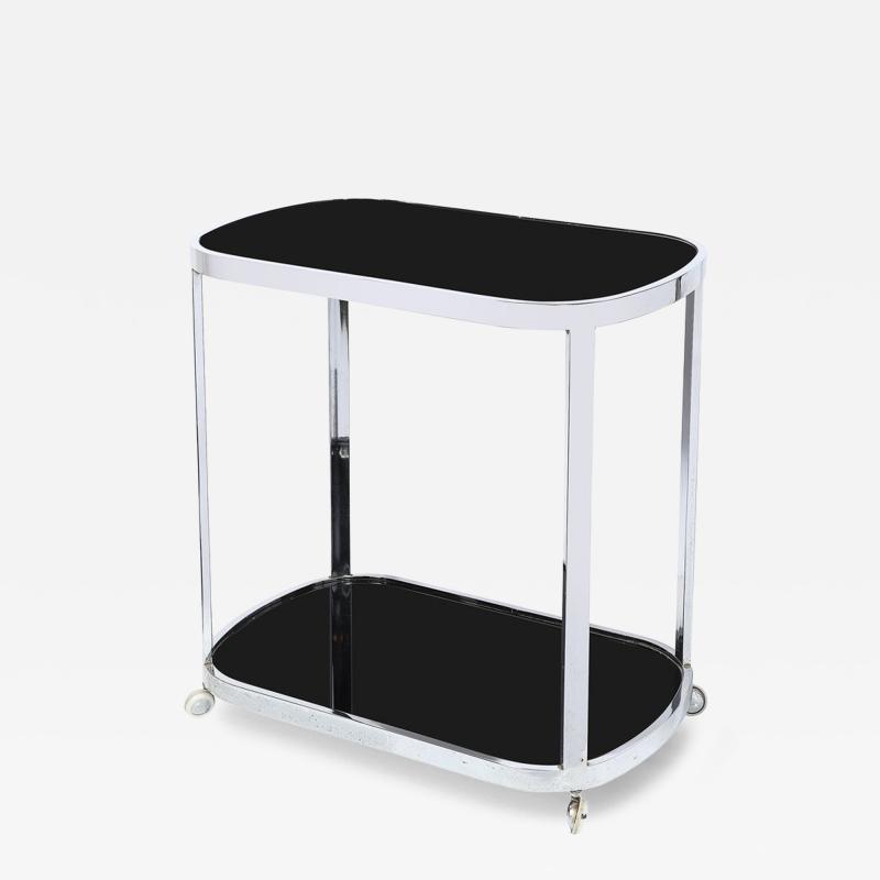 Art Deco Chrome Two Tier Rolling Serving Cart with Inset Black Vitrolite