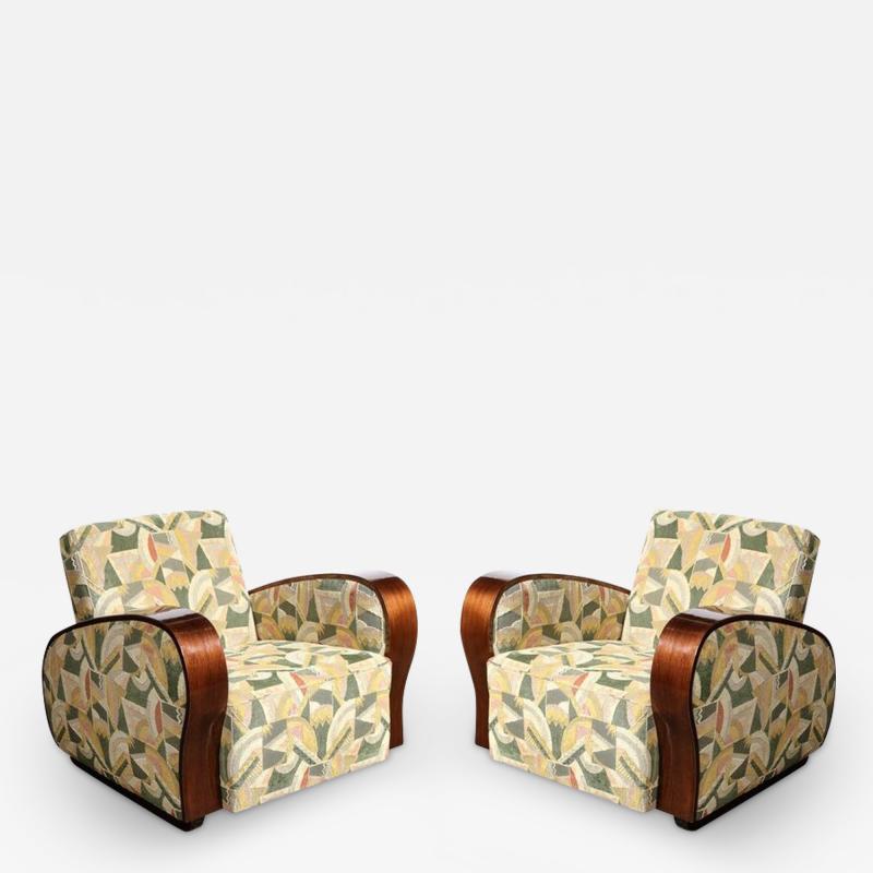 Art Deco Club Lounge Chairs in Walnut with Rare Clarence House Upholstery
