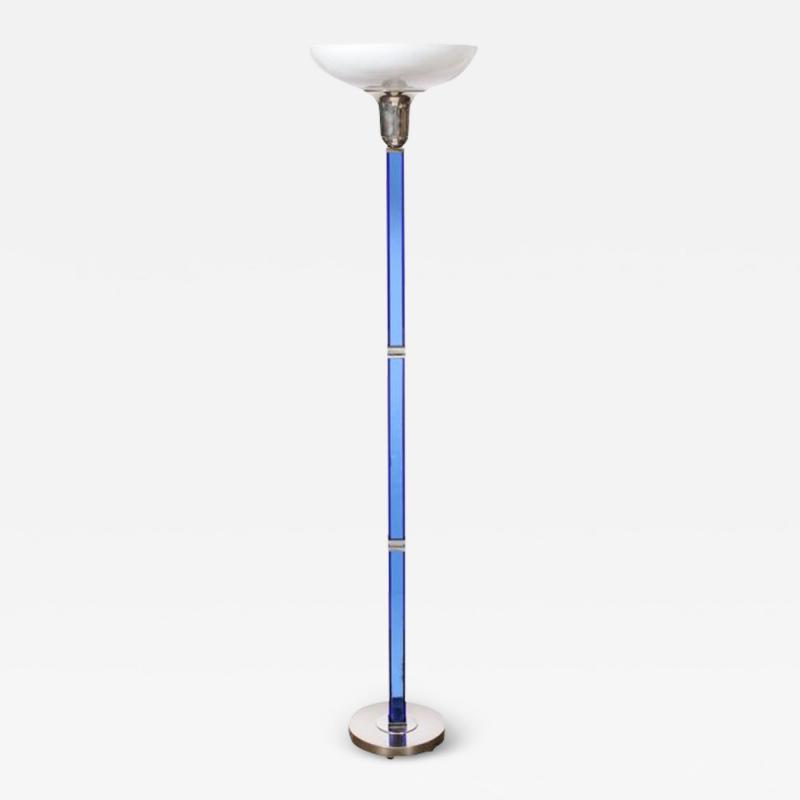 Art Deco Cobalt Blue Glass Satin Nickel Torchiere w Milk Glass Shade