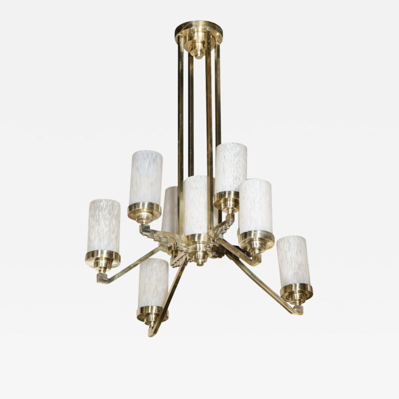 Art Deco Cubist Skyscraper Style Silvered Bronze Mottled Glass Chandelier