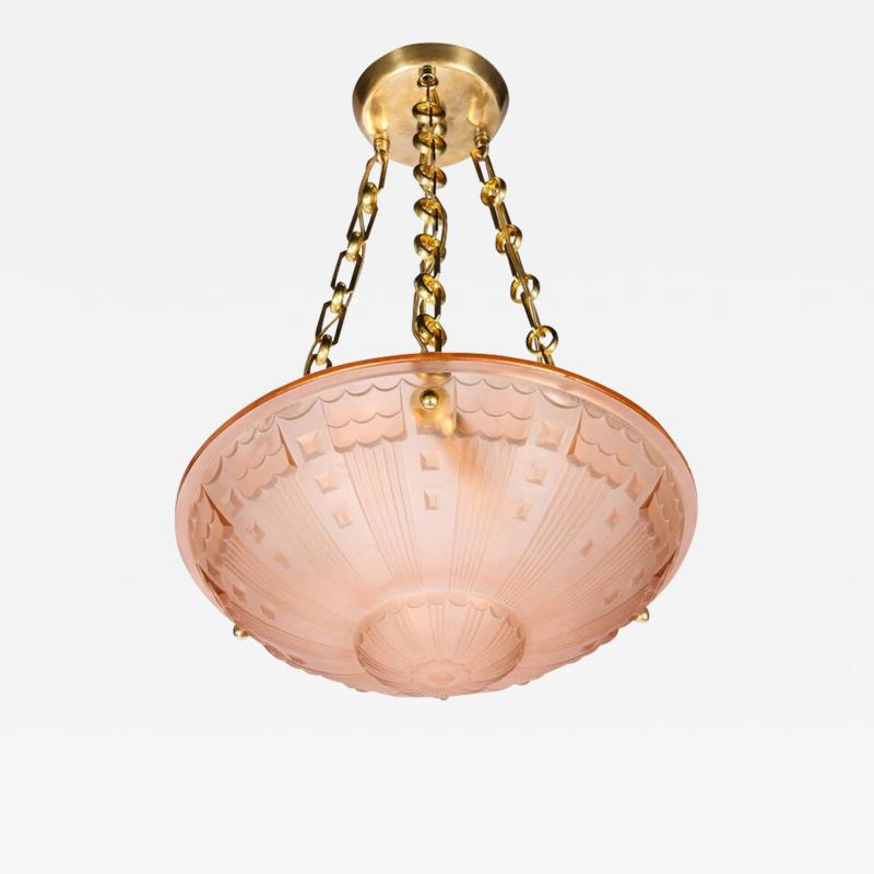 Art Deco Cubist Style Pendant Chandelier in Frosted Rose with Brass Fittings