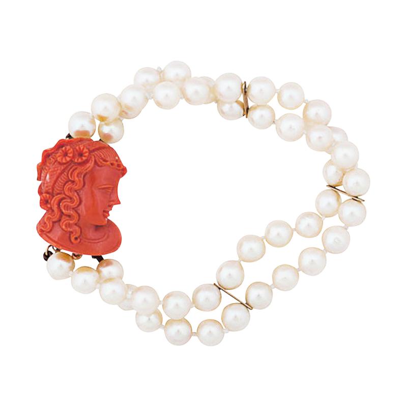 Art Deco Cultured Pearl Coral Cameo and Gold Bracelet