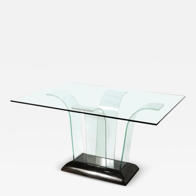 Art Deco Curved Glass Console Table with Black Lacquered Base by Modernage