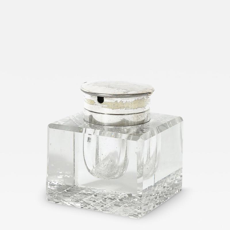 Art Deco Cut Crystal Silver Plate Inkwell Signed Cross