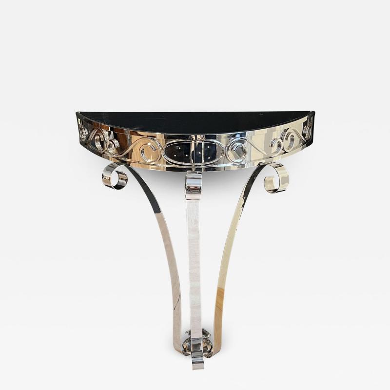 Art Deco Demi Lune Console Table Nickel Plated Metal Glass France circa 1930