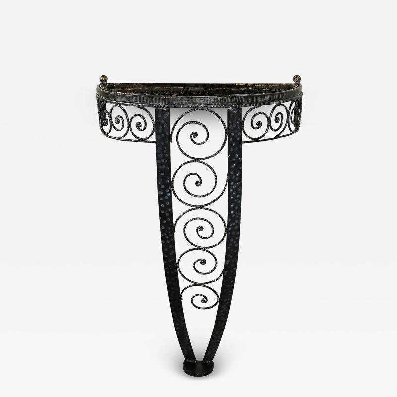 Art Deco Demilune Wrought Iron Spiral Motif Porto Marble Inset Console Table