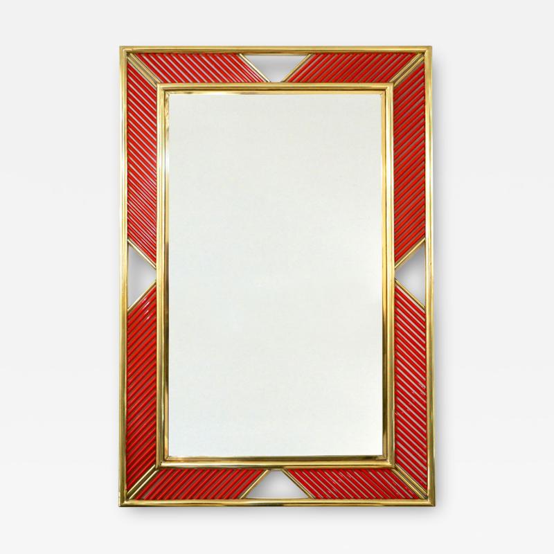 Art Deco Design Italian Red Murano Glass Geometric Modern Fretwork Brass Mirror