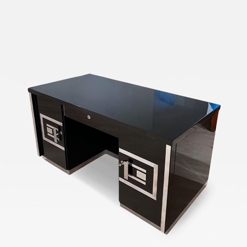 Art Deco Desk Black Lacquer Walnut Metal France circa 1930 40
