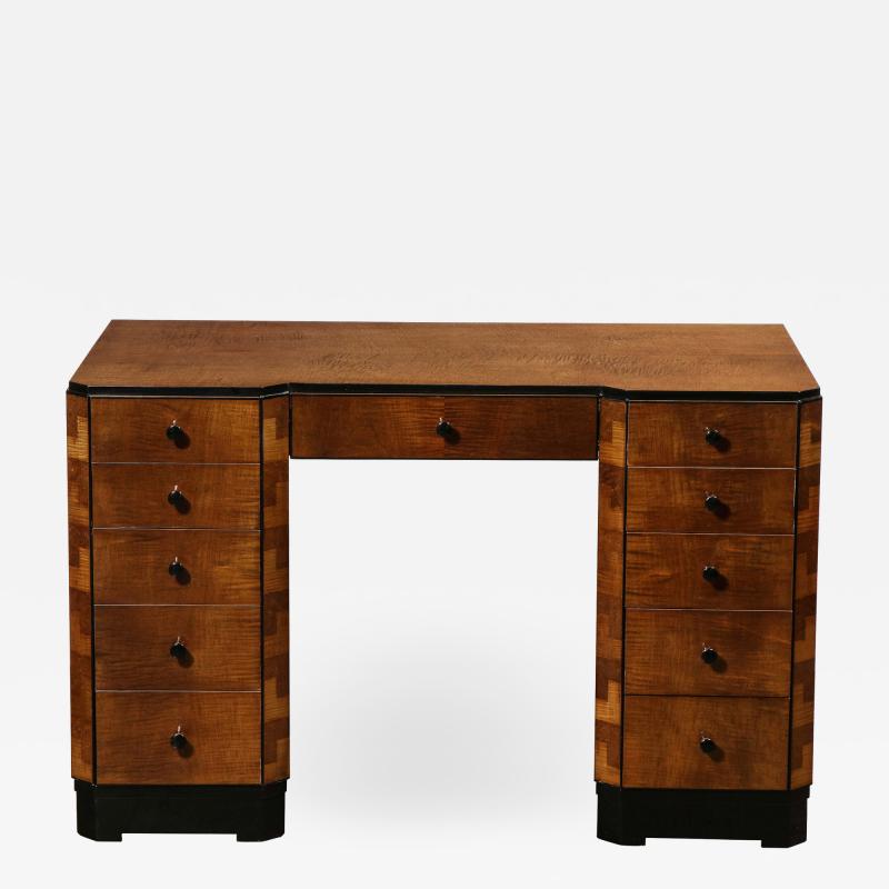 Art Deco Desk in Bookmatched Amboyna and Burled Elm Desk with Cubist Detailing