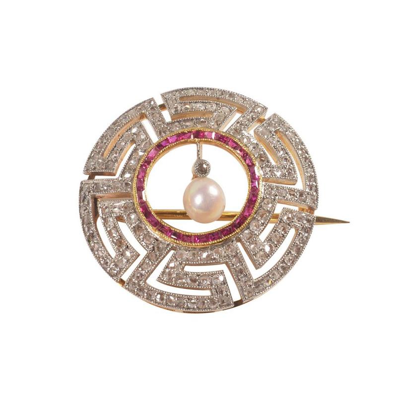 Art Deco Diamond Ruby and Pearl Geometric Brooch