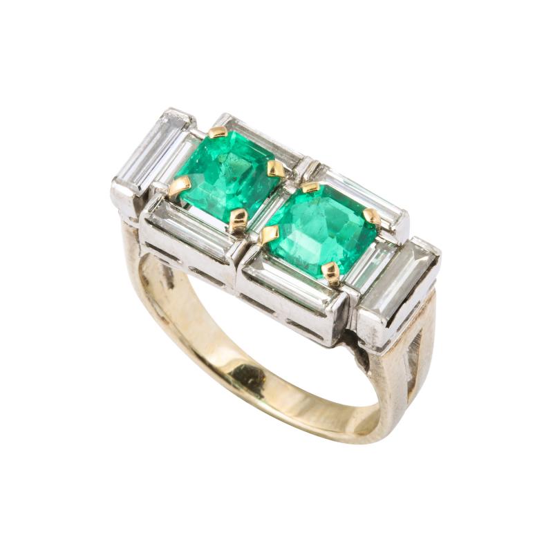 Art Deco Diamond and Emerald Gold and Platinum Ring