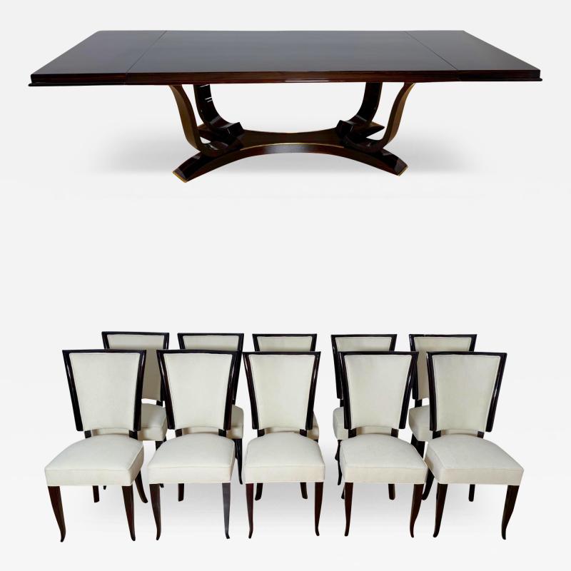 Art Deco Dining Table with 10 Chairs Macassar Ebony Brass Paris circa 1930