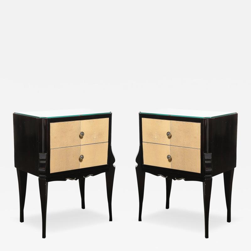 Art Deco Directoire Style Ebonized Nightstands W Shagreen Fronts Mirrored Tops