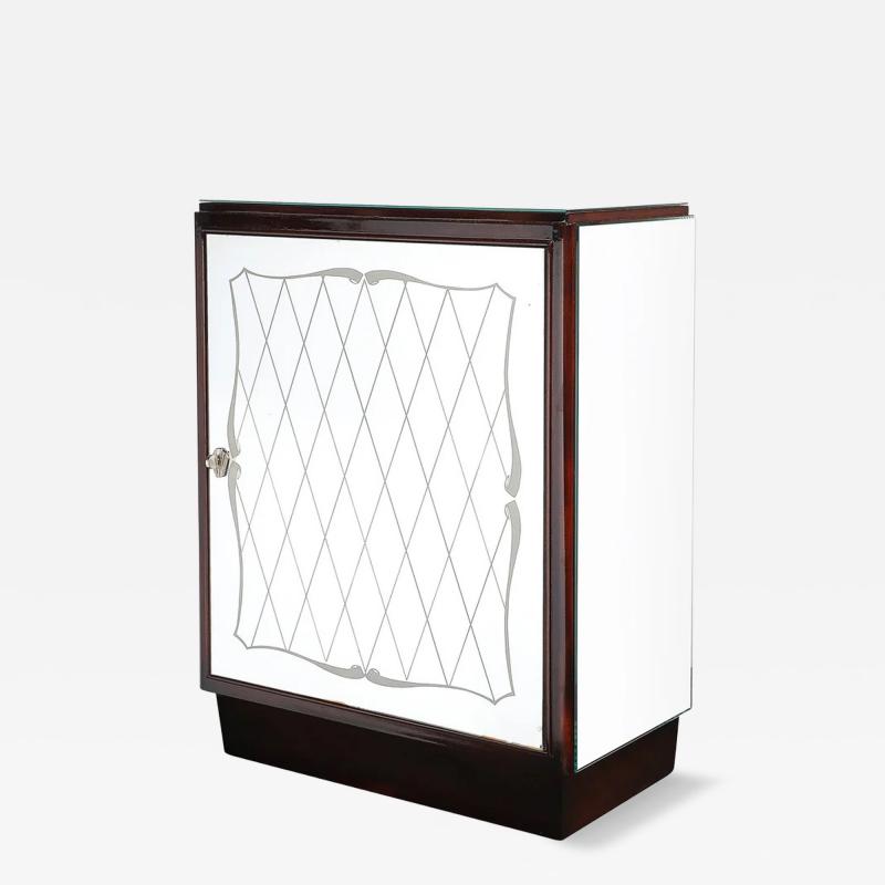 Art Deco Directoire Style Walnut Mirrored Reverse Etched Detail Bar Cabinet