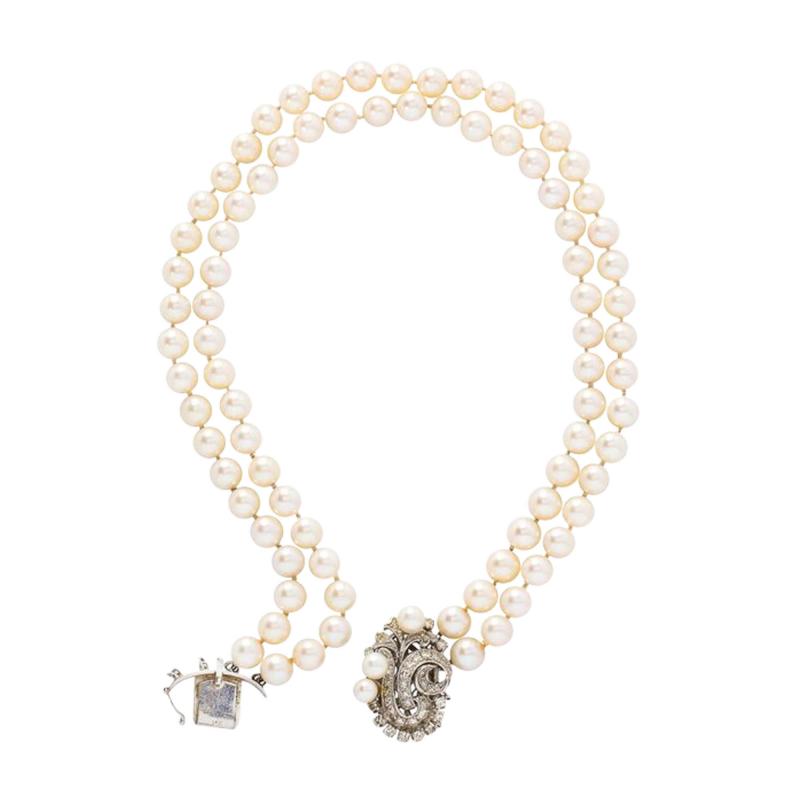 Art Deco Double Strand Pearl Necklace with 14kt Gold Diamond and Pearl Clasp