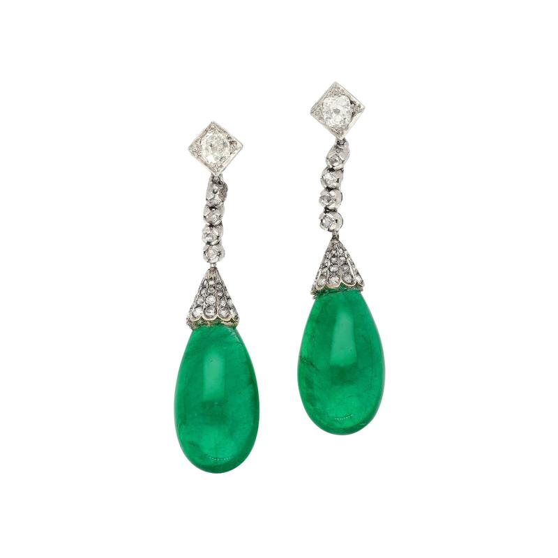 Art Deco Era 21 Carat Cabochon Pear Shape Emerald Drop Earrings Circa 1940