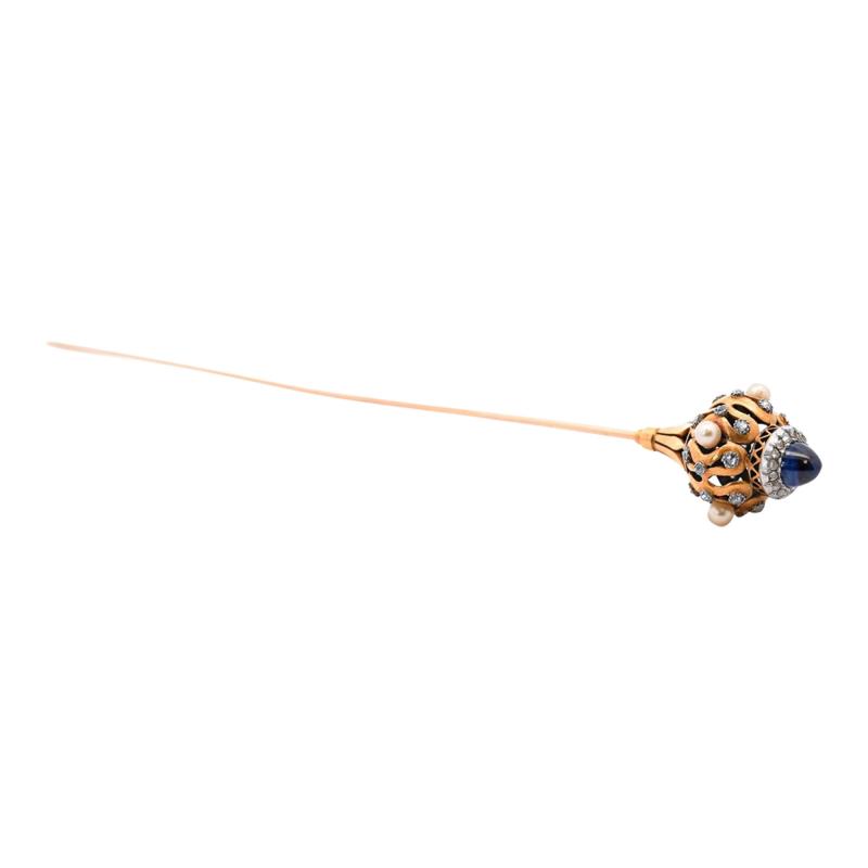 Art Deco Era Cabochon Cut Blue Sapphire Pearl and Diamond HairPin