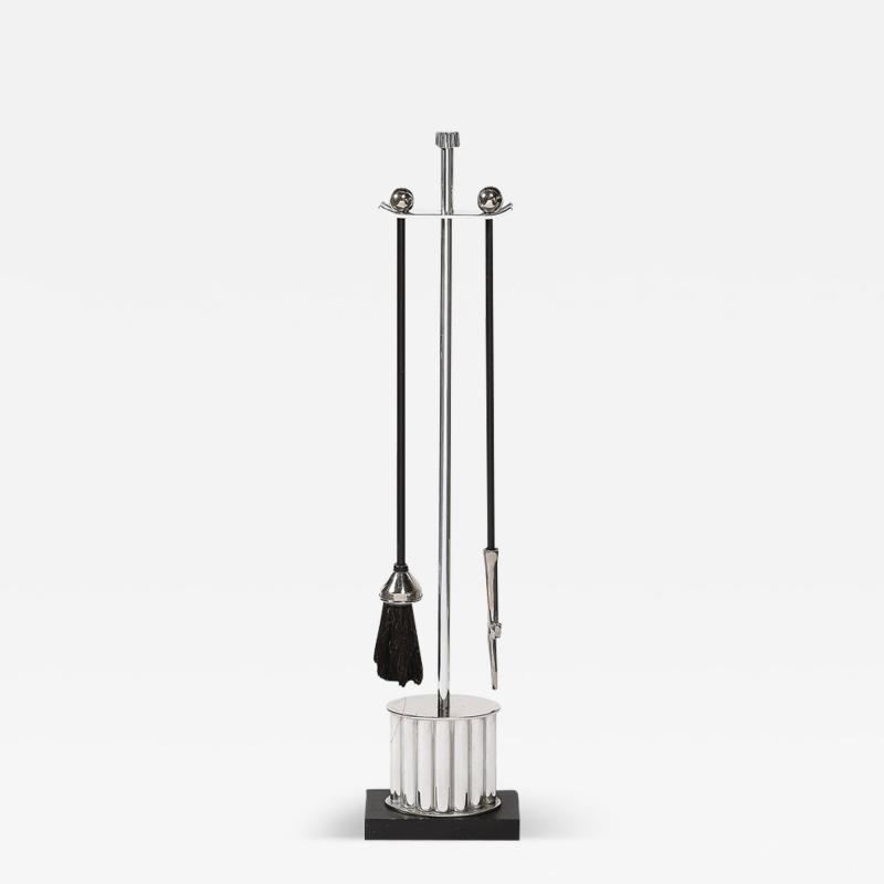 Art Deco Fire Tool Set in Nickel with Fluted Detailing and Black Enamel