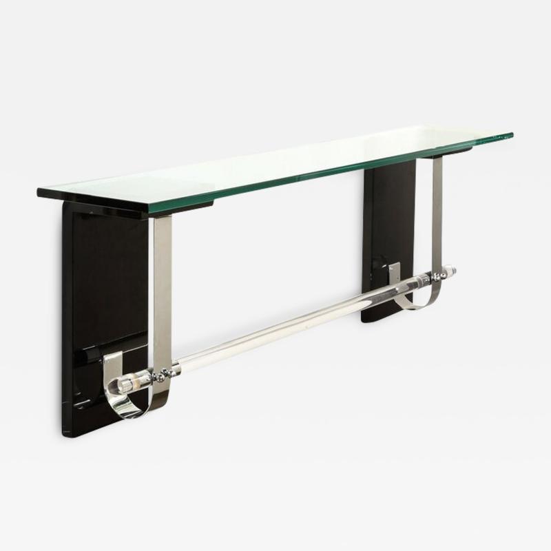 Art Deco Floating Glass Topped Black Lacquer Nickel Lucite Console Shelf