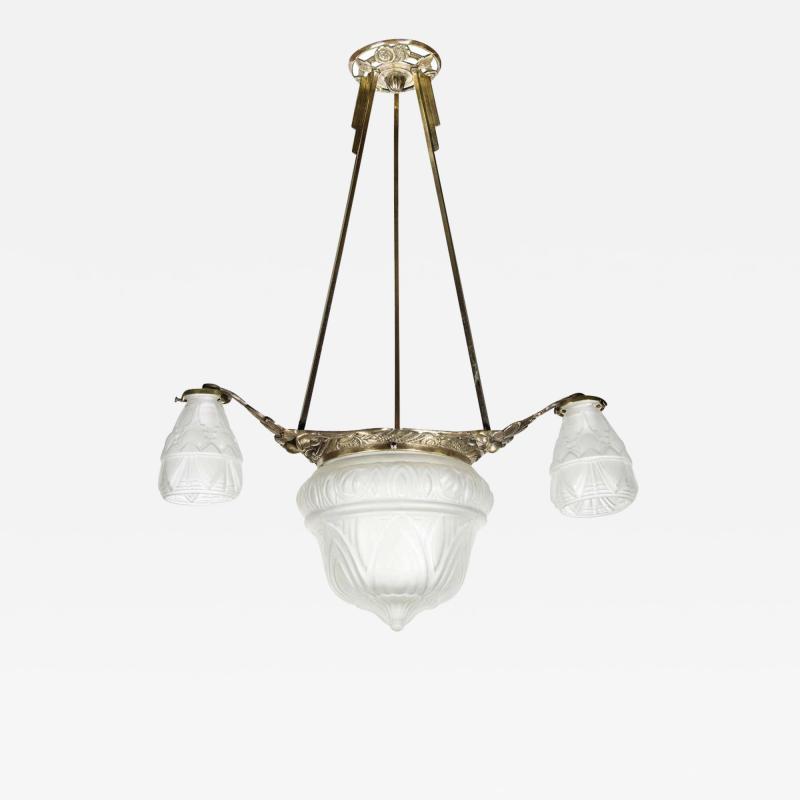 Art Deco Four Globe Frosted Relief Glass Chandelier in Silvered Bronze