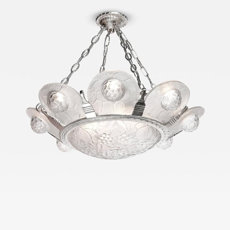 Art Deco Frosted Glass Chandelier with Stylized Cubist Floral Motif