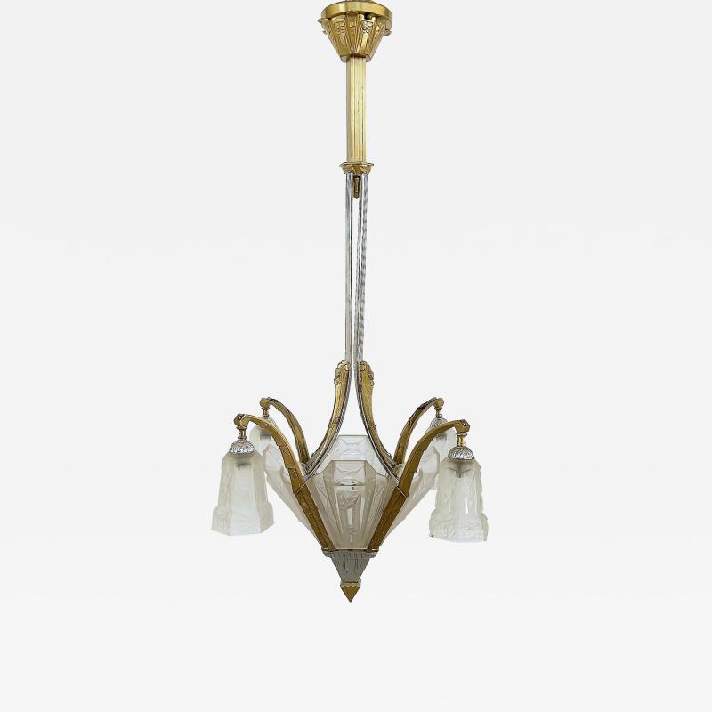 Art Deco Gilt Silvered Bronze Chandelier Frosted Glass Shades
