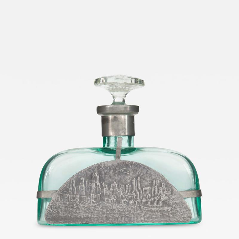 Art Deco Green Tinted Glass and Pewter Perfume Bottle