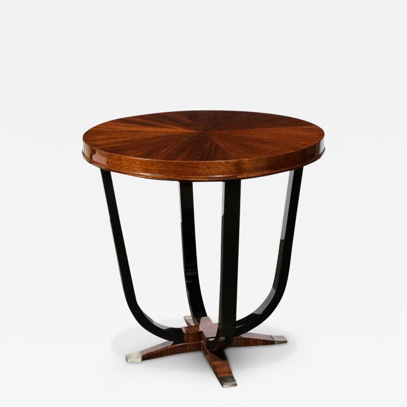 Art Deco Gueridon Table in Book Matched Walnut Lacquered Legs Nickel Sabots