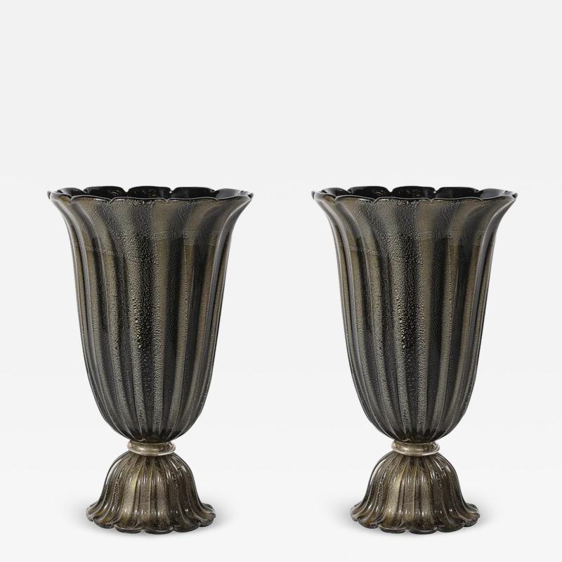 Art Deco Hand Blown Murano Fluted Black Glass Up Lights w 24kt Gold Flecks