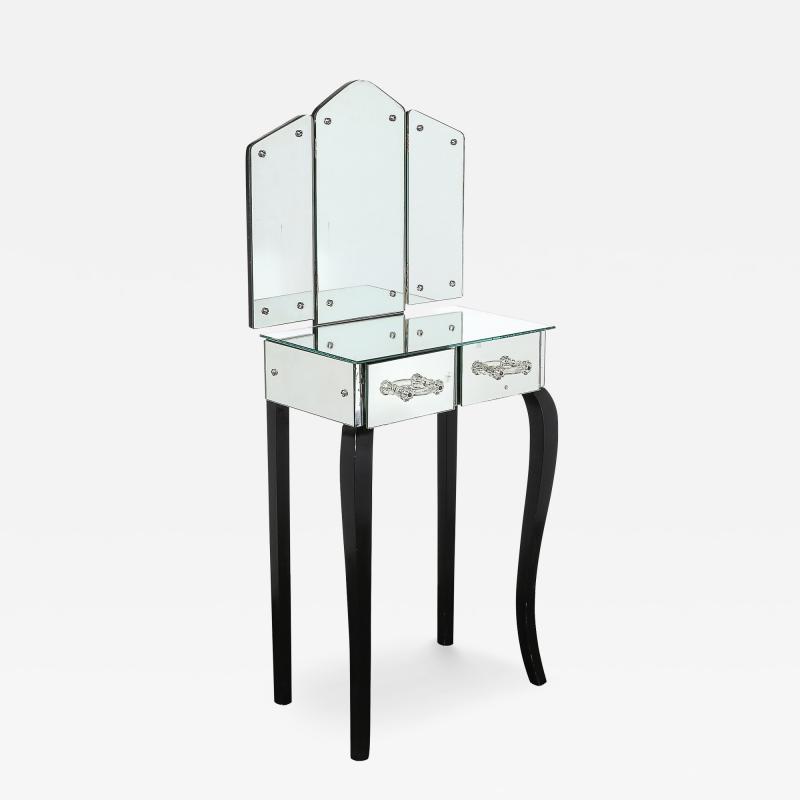 Art Deco Hollywood Mirrored Trifold Ebonized Cabriole Leg Vanity w Glass Pulls