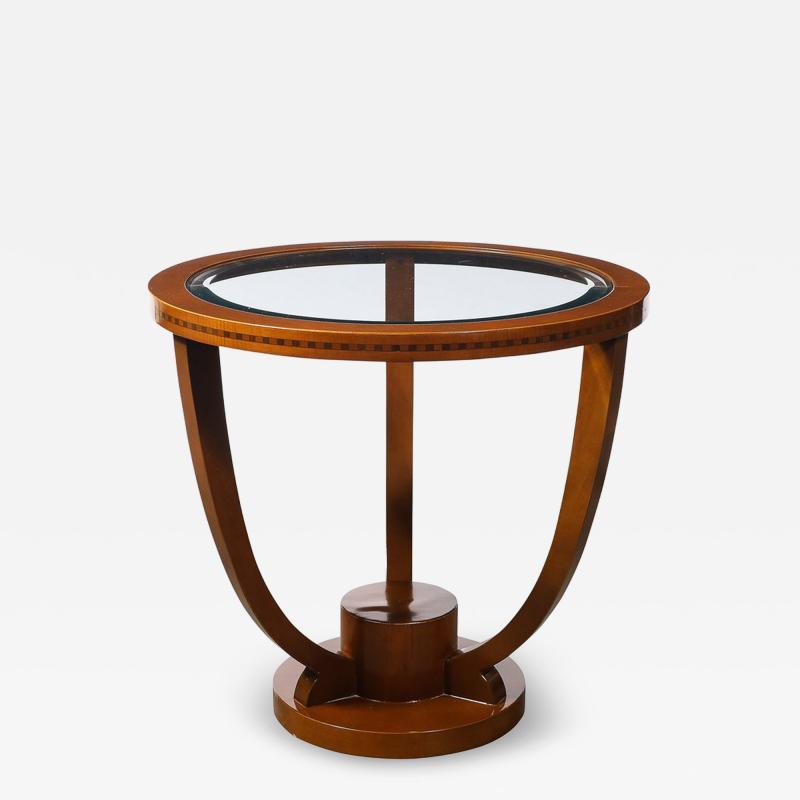 Art Deco Inset Glass Top Gueridon Table in Hand Rubbed Walnut w Inlayed Details