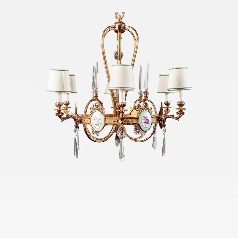 Art Deco Italian Brass Chandelier with Charming Porcelain Insert 1940