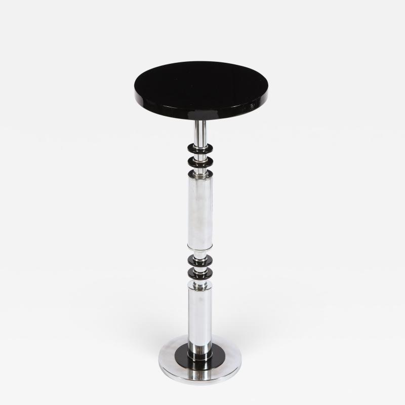 Art Deco Machine Age Banded Drinks Table in Black Lacquer and Chrome