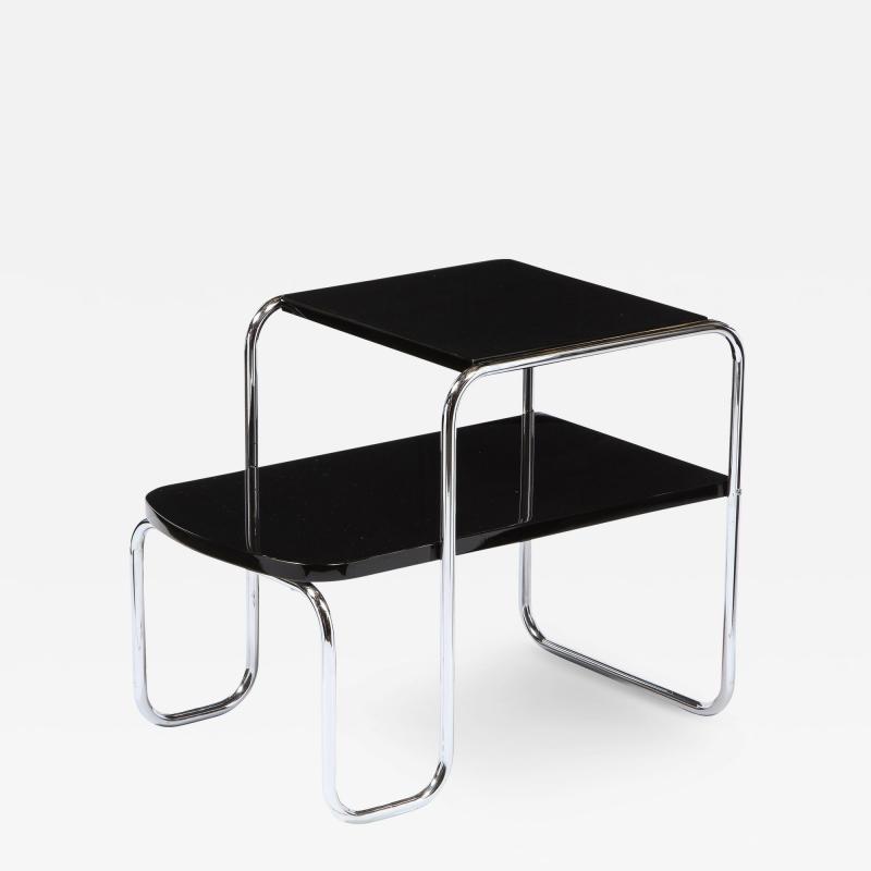 Art Deco Machine Age Black Lacquer and Polished Chrome Two Tier Side End Table