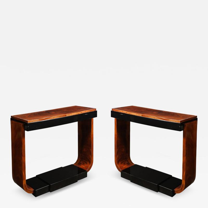 Art Deco Machine Age Book Matched Walnut w Black Lacquer Accent Console Tables