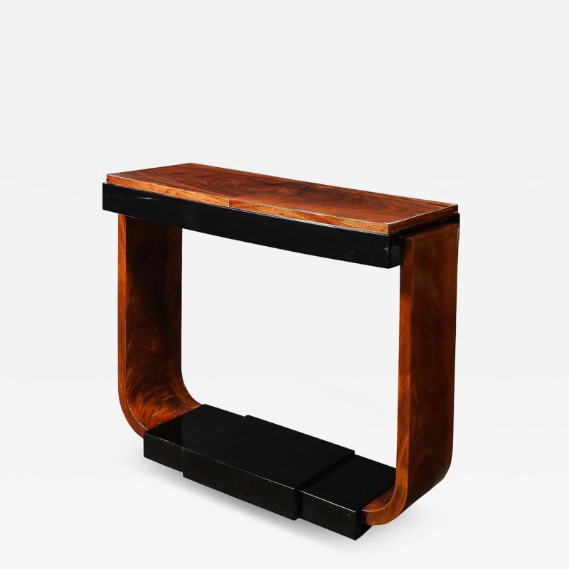 Art Deco Machine Age Book Matched Walnut w Black Lacquer Accents Console Table