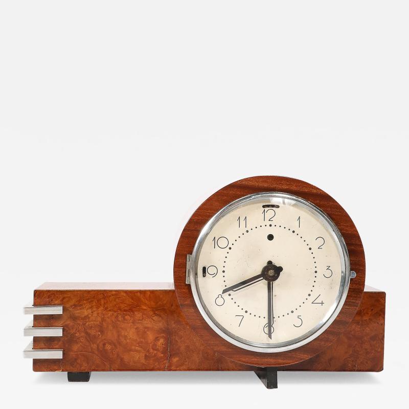 Art Deco Machine Age Burled Walnut with Aluminum Banded Detail Electric Clock