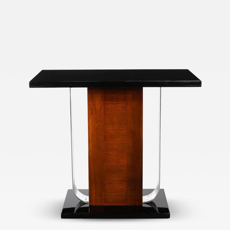 Art Deco Machine Age Console Table in Walnut Lacquer Banded Nickeled Supports