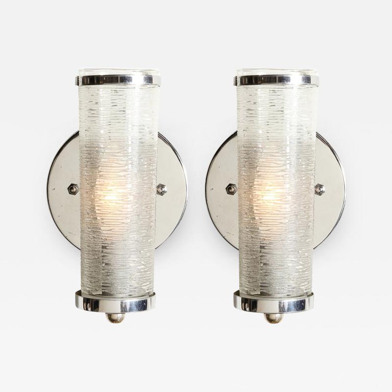 Art Deco Machine Age Cylindrical Textured Glass Sconces with Chrome Fittings